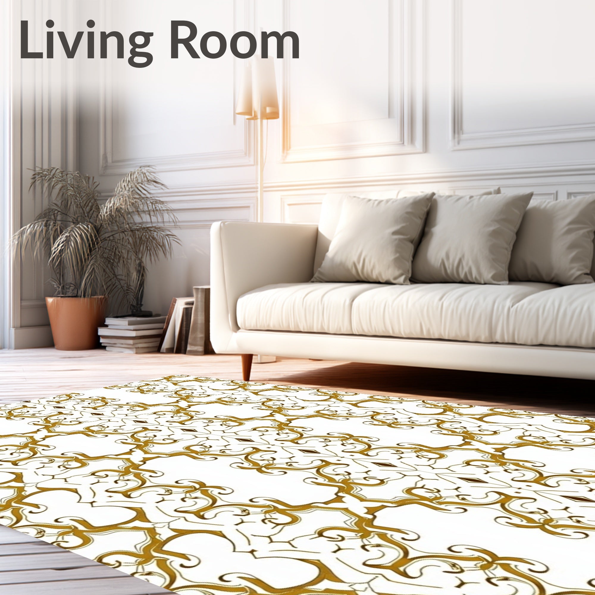 Ornate Gold White Stylized Scroll Pattern Rug