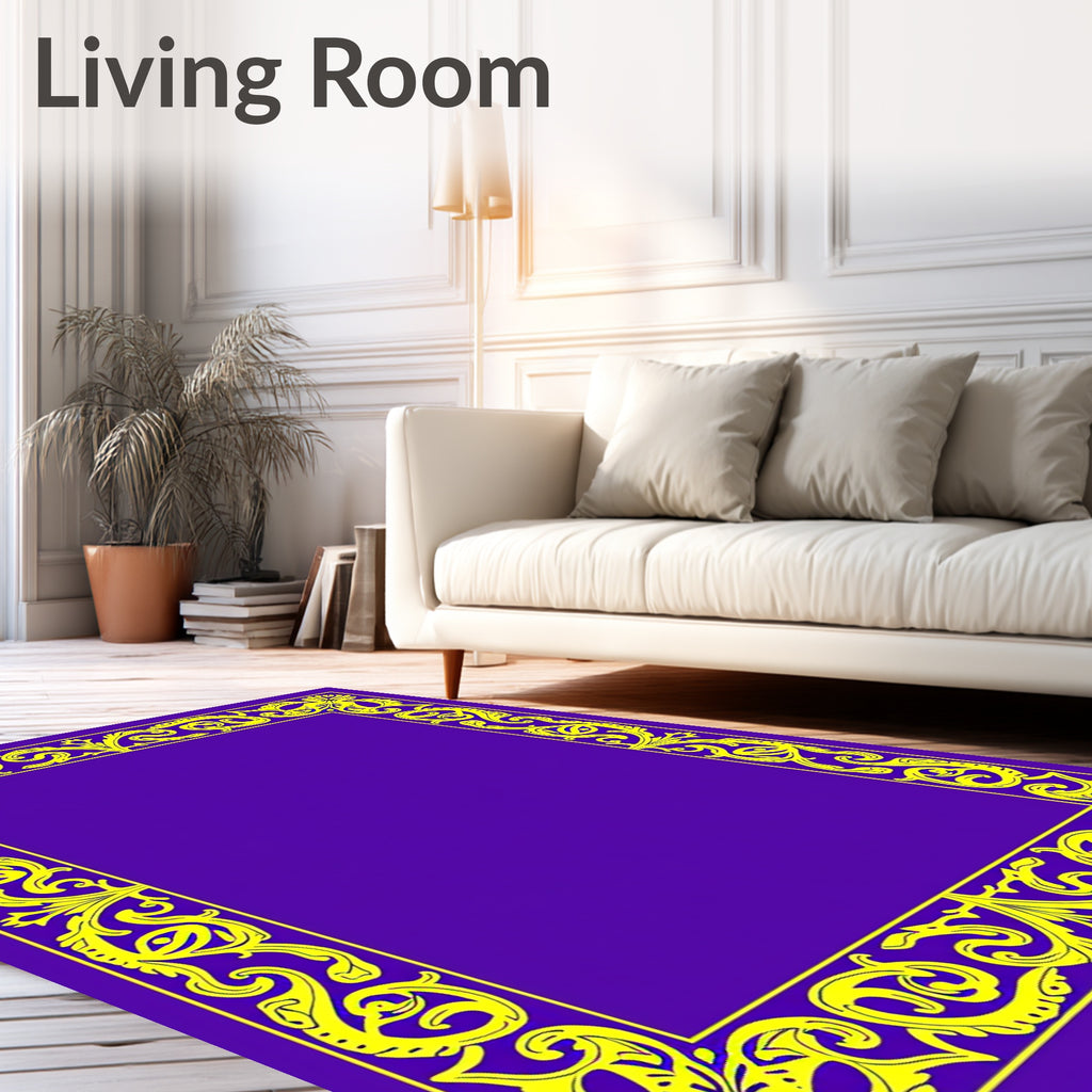 Ornate Yellow Floral Scroll Border Design Rug