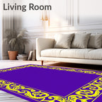 Ornate Yellow Floral Scroll Border Design Rug