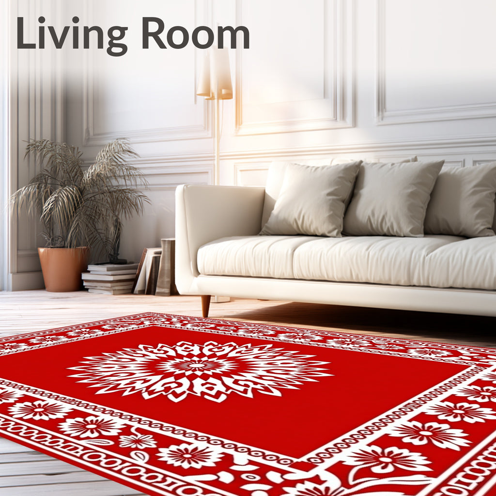 Red With White Mandala Floral Border Rug