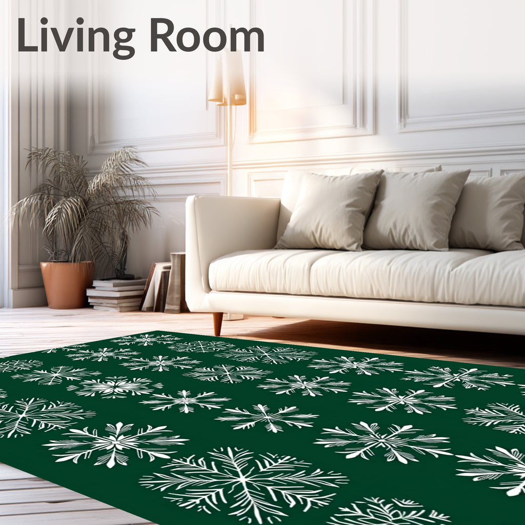 White Snowflake Pattern On Dark Green Rug