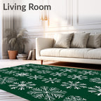 White Snowflake Pattern On Dark Green Rug
