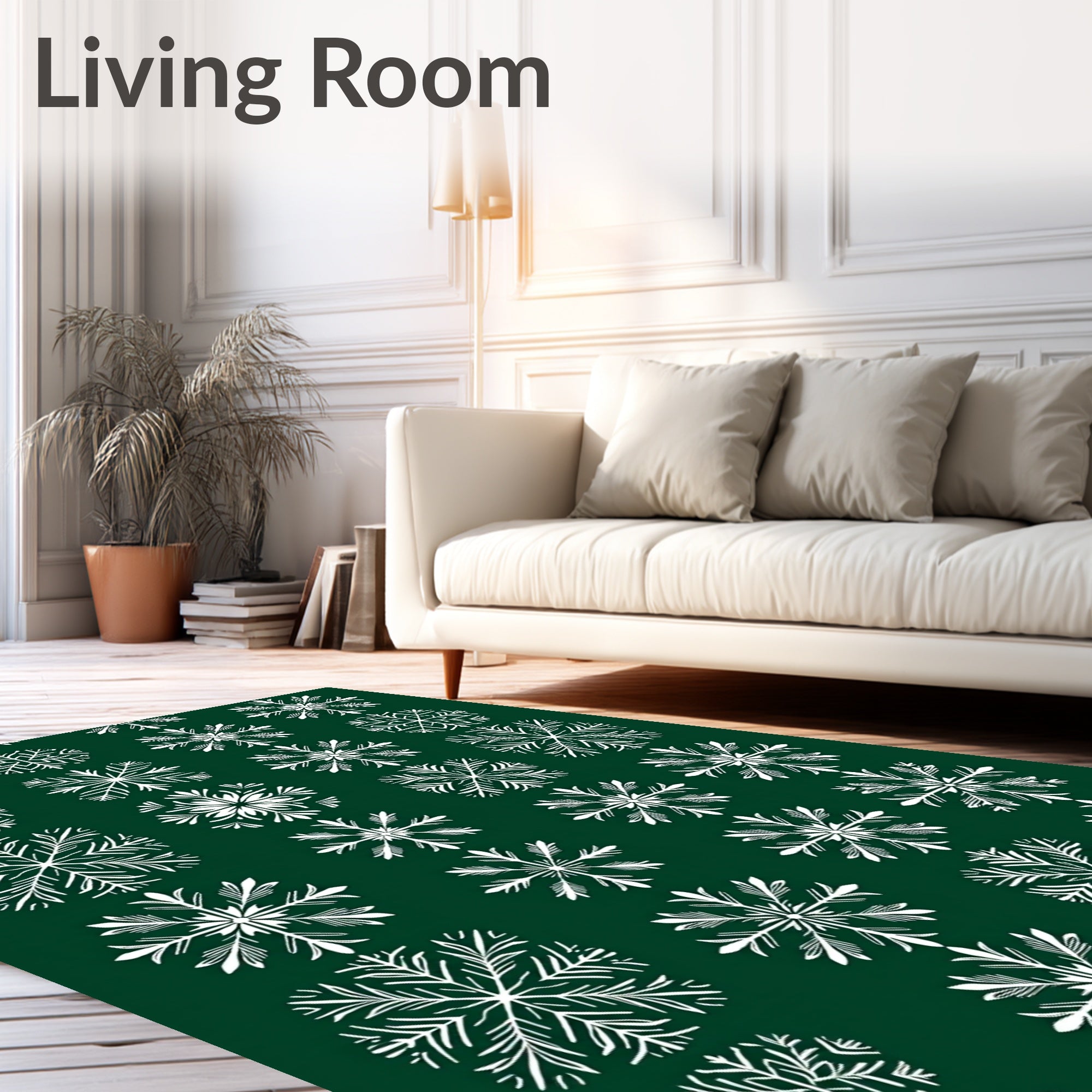 White Snowflake Pattern On Dark Green Rug