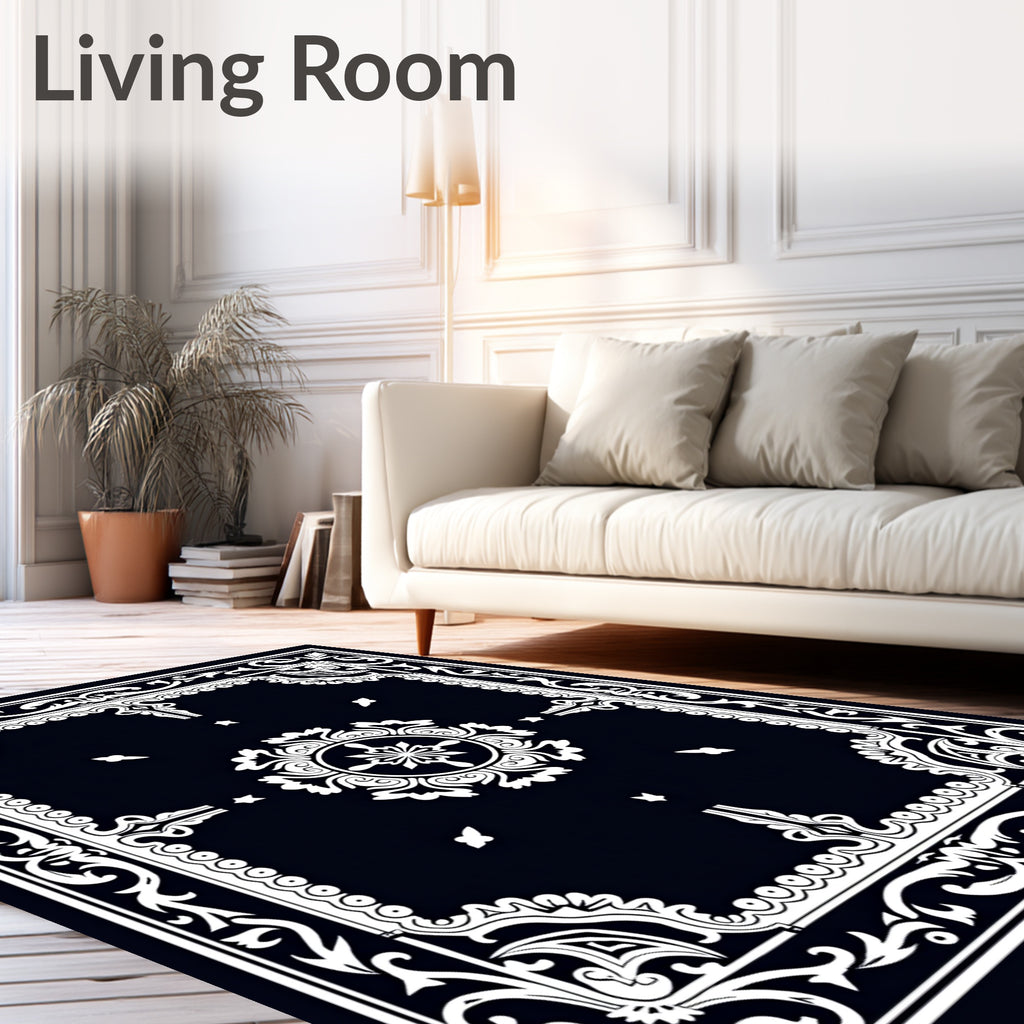 Elegant Floral Emblem Black White Rug