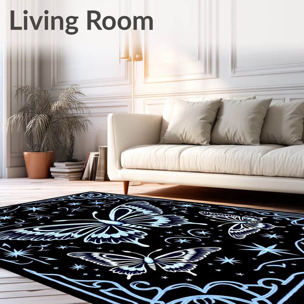 Whimsical Blue Butterfly Night Sky Rug