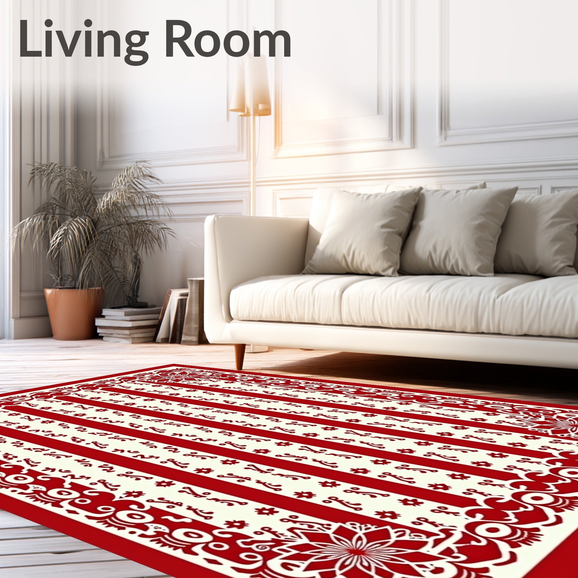 Artistic Red Cream Floral Stripe Rug