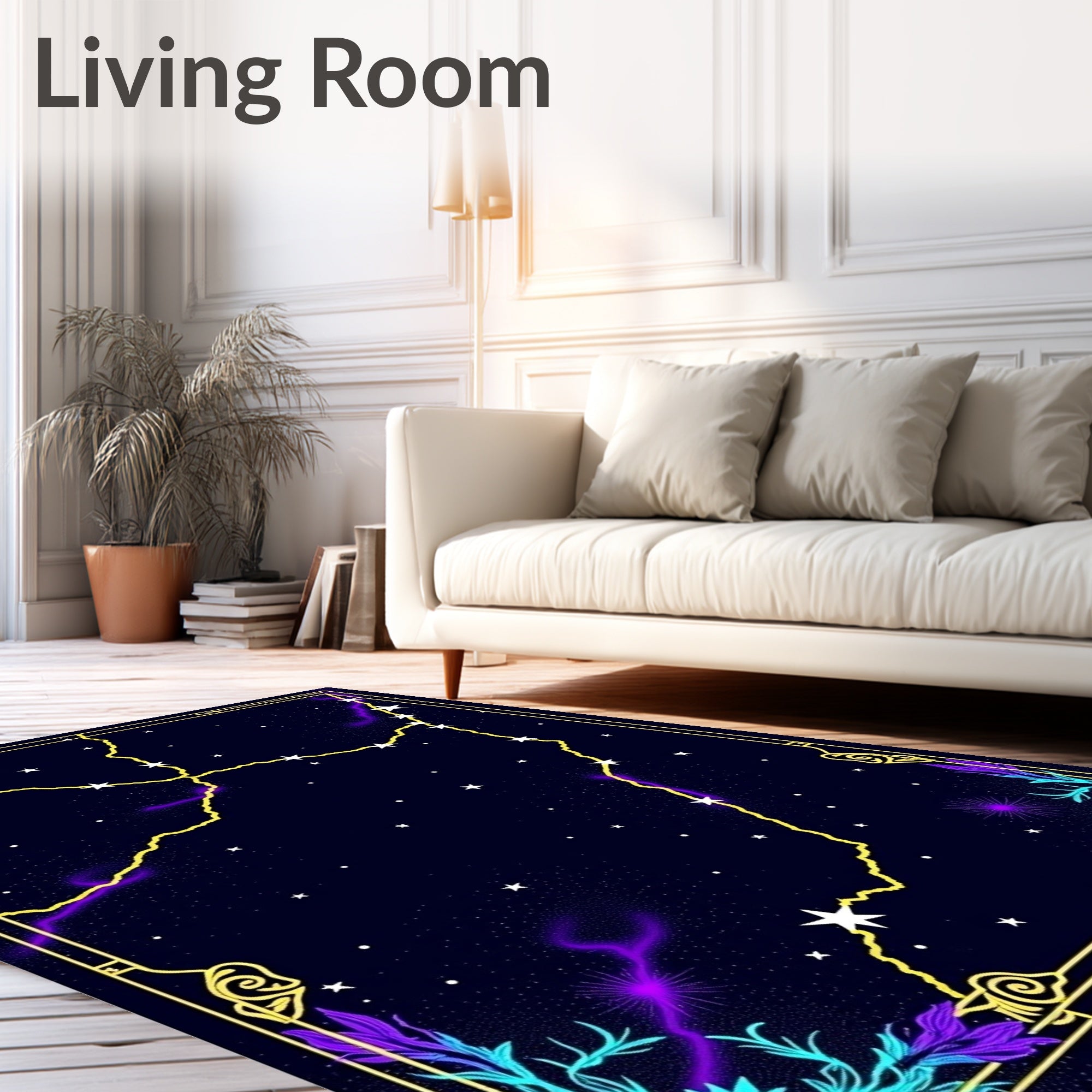 Cosmic Yellow Lightning Stars Neon Swirls Rug