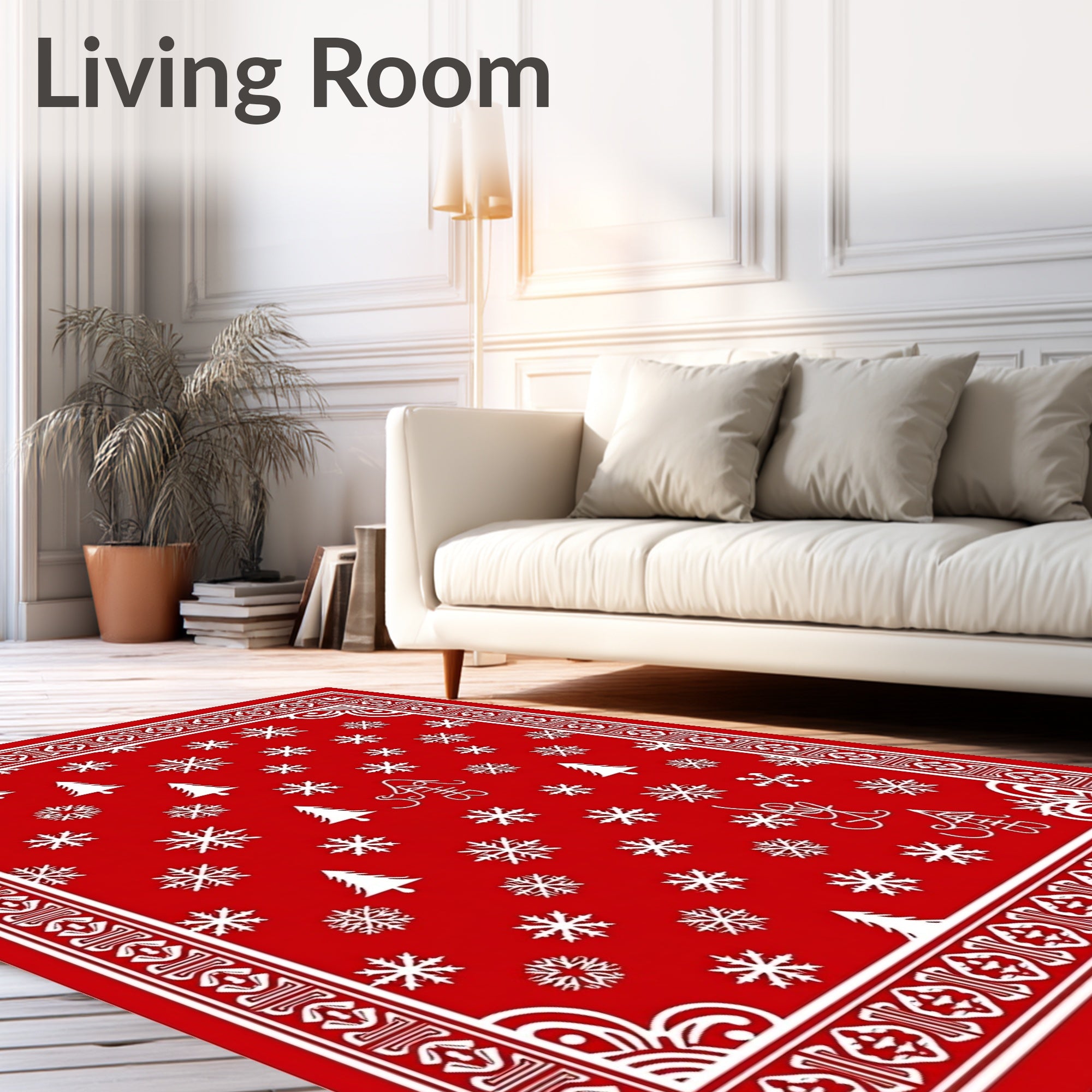 Red White Snowflake Christmas Tree Border Rug