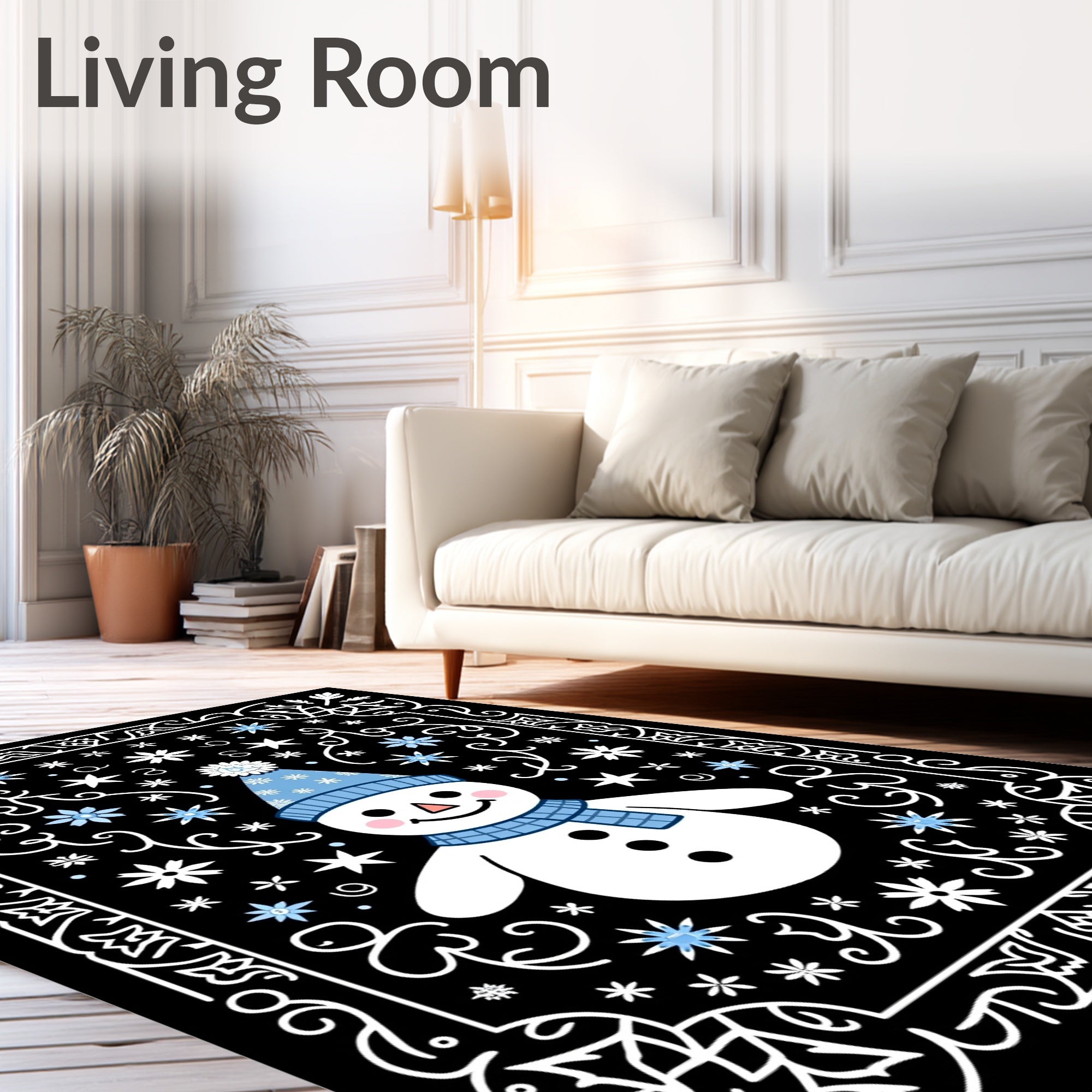 Winter Blue Snowman Black Snowflake Rug