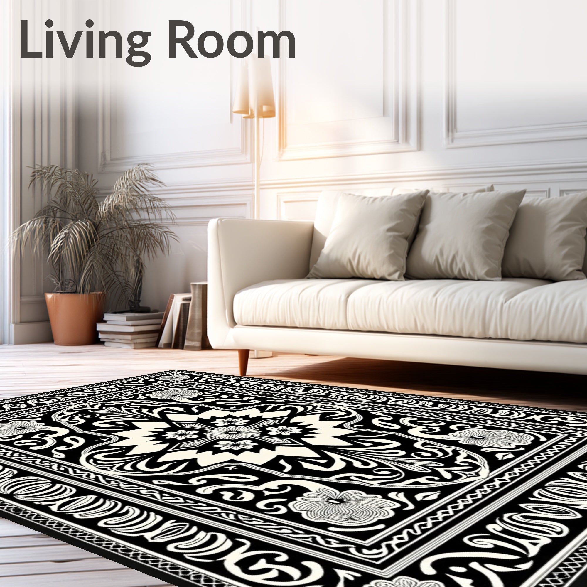 Elegant Black Floral Scrollwork Design Rug