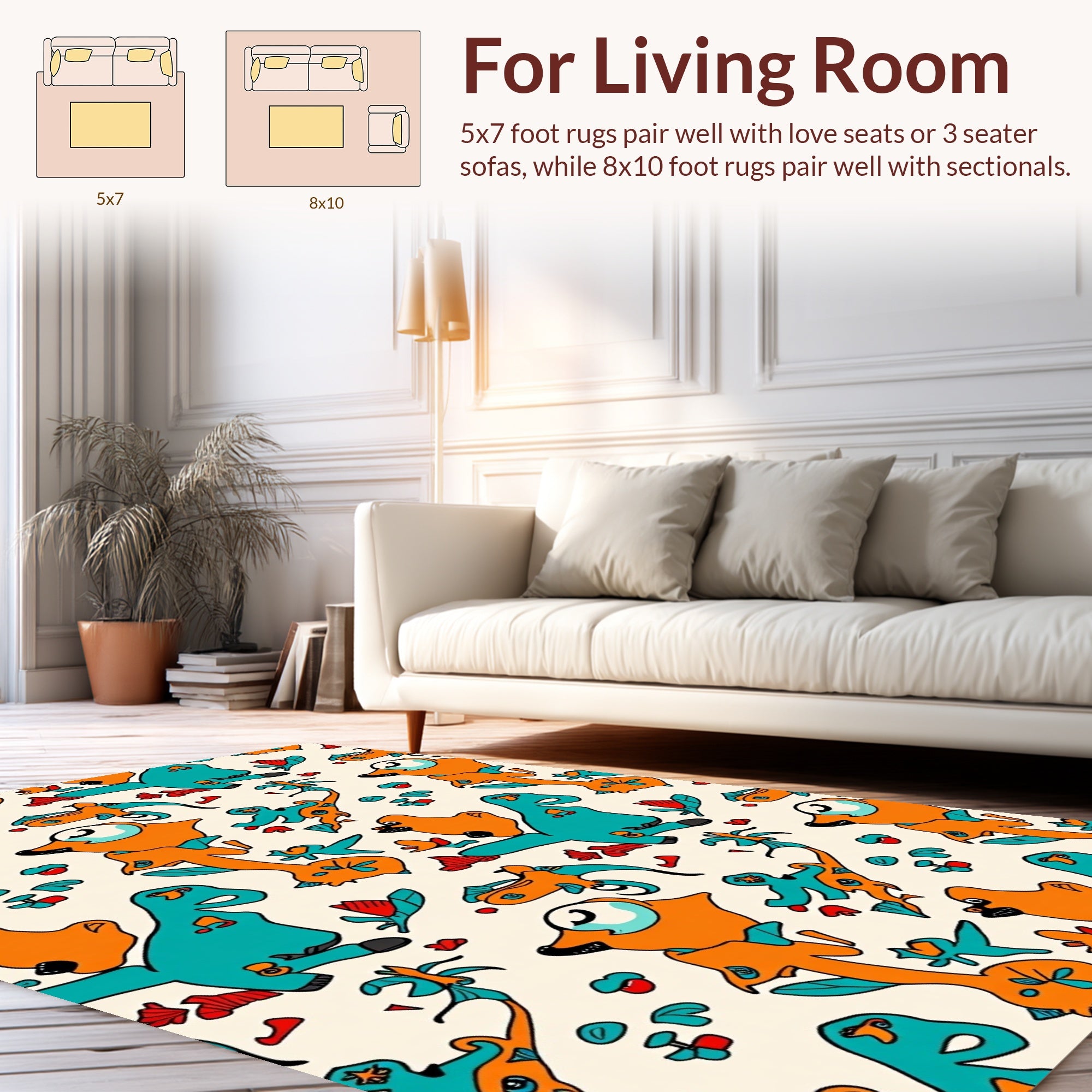 Whimsical Orange Teal Creature Pattern Rug