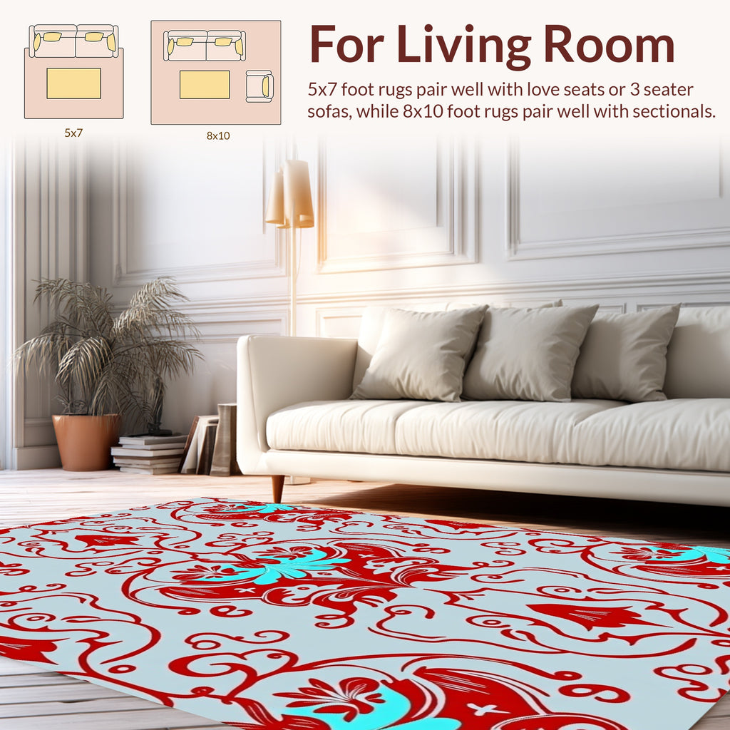 Red Blue Floral Damask Pattern Rug