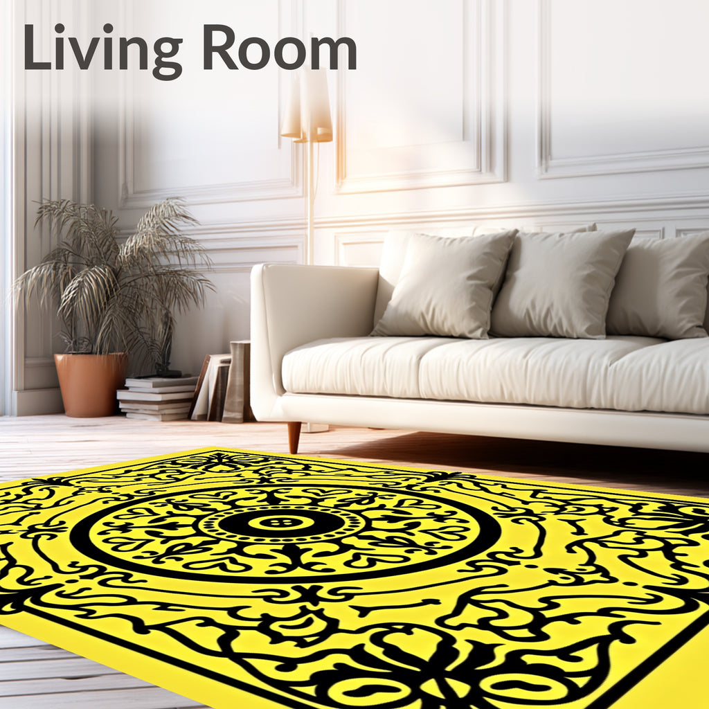 Intricate Yellow Black Floral Design Rug