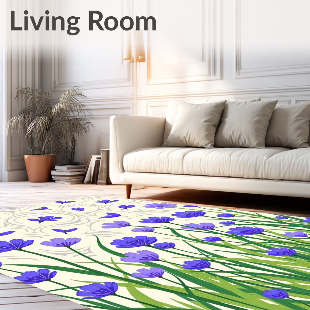 Vibrant Blue Floral Meadow Pattern Rug