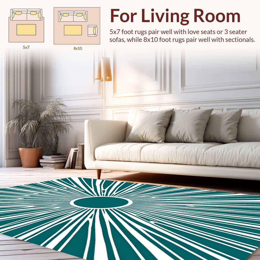 Radiating Teal Sunburst Graphic Design Rug