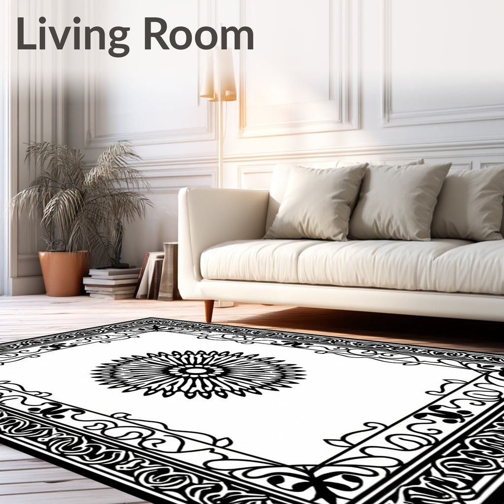 Black White Floral Mandala Frame Rug
