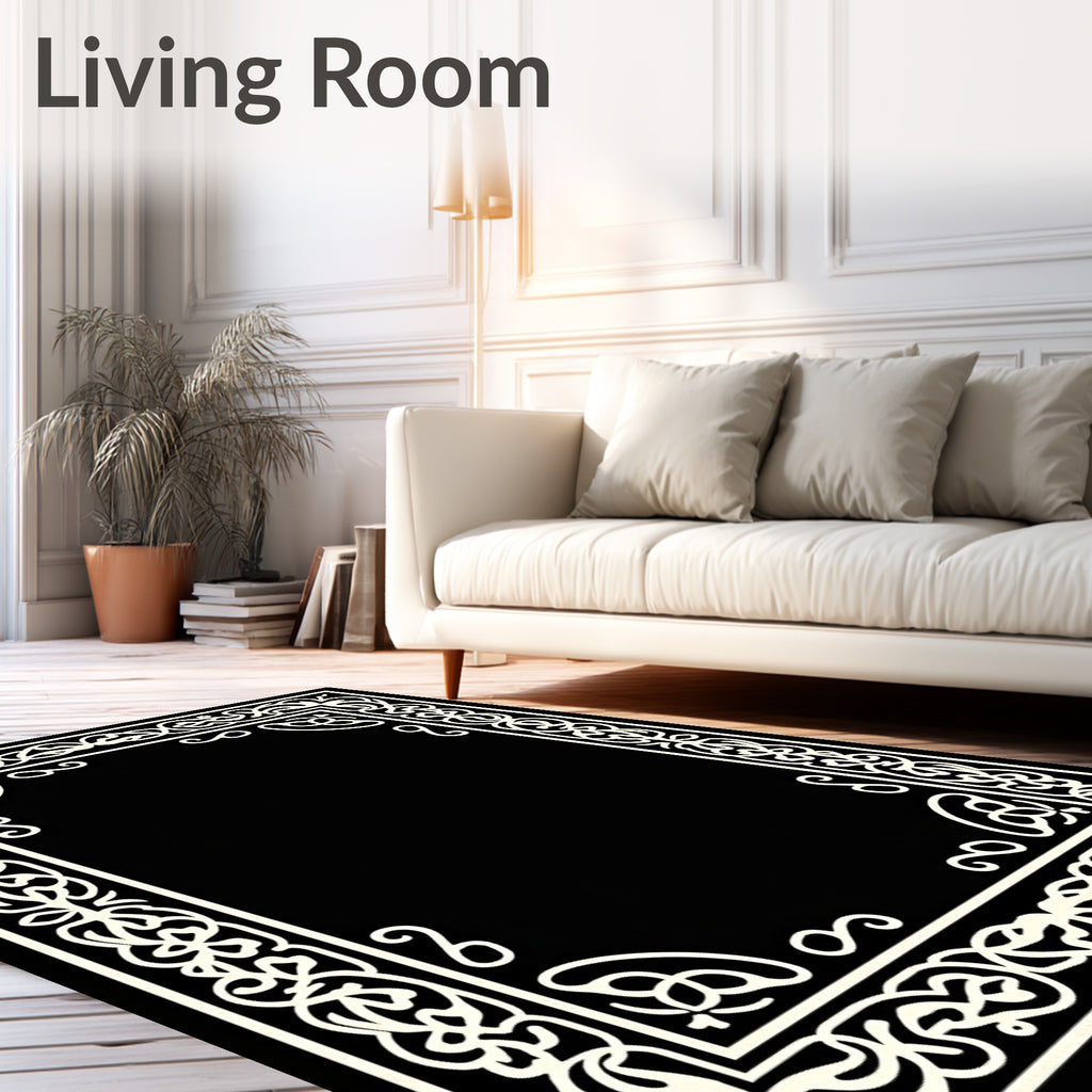 Intricate White Floral Scroll Frame Design Rug