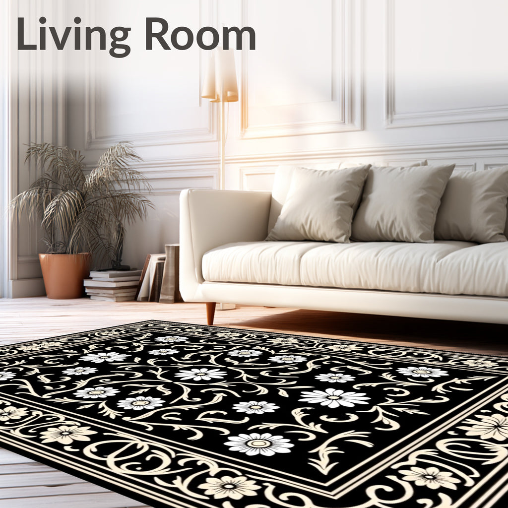 Classic Floral Scrollwork Black Cream Rug
