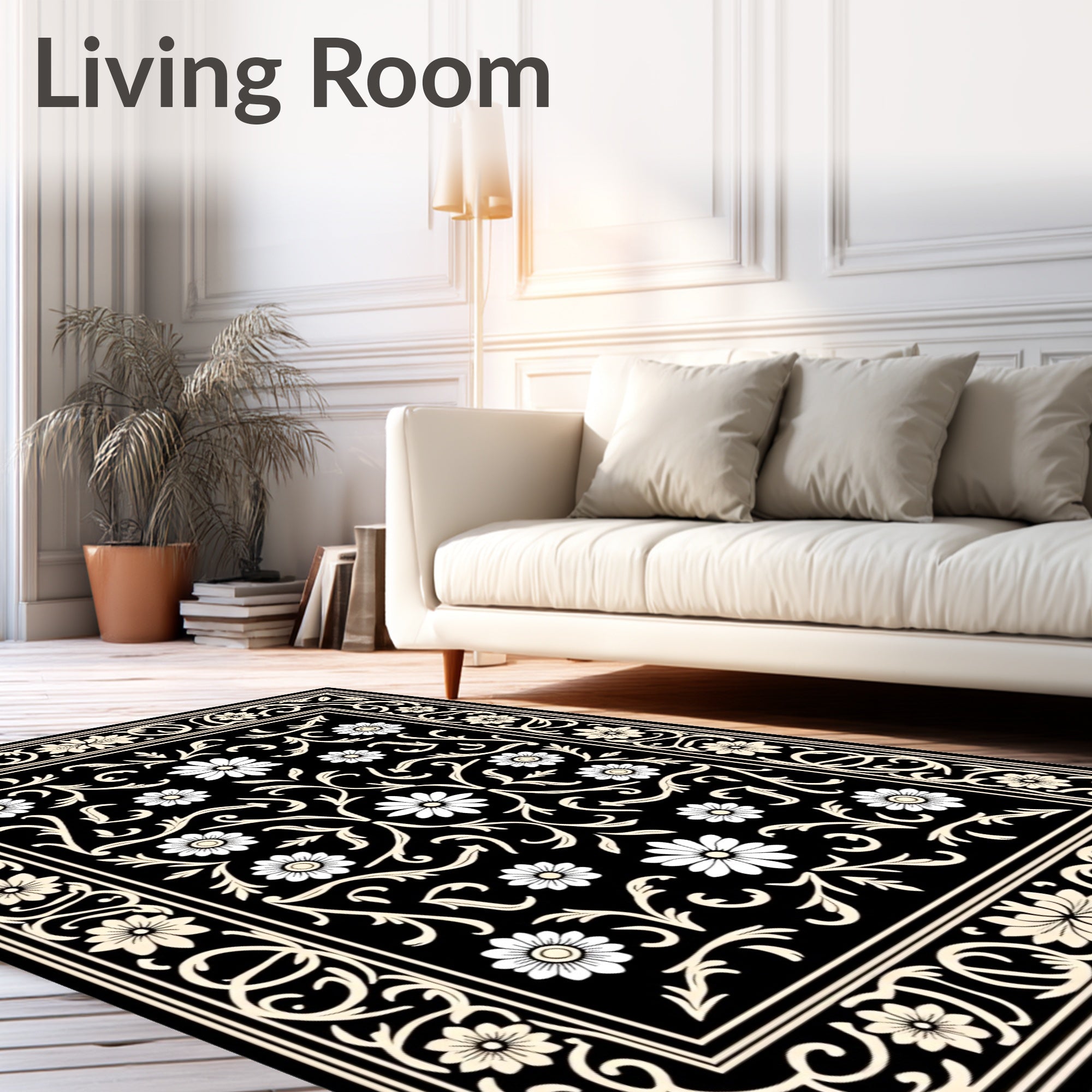 Classic Floral Scrollwork Black Cream Rug