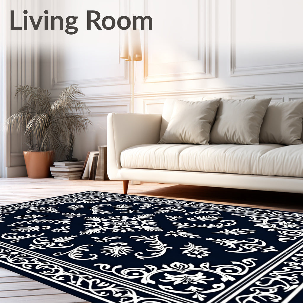 Ornate Floral Scrollwork Indigo Rug