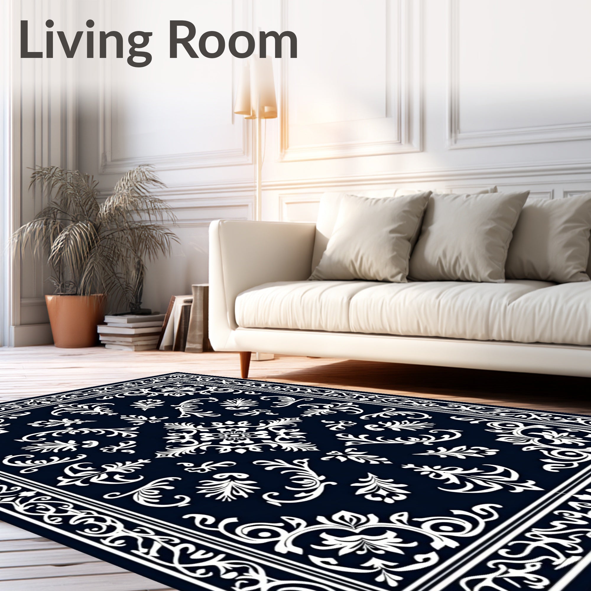 Ornate Floral Scrollwork Indigo Rug