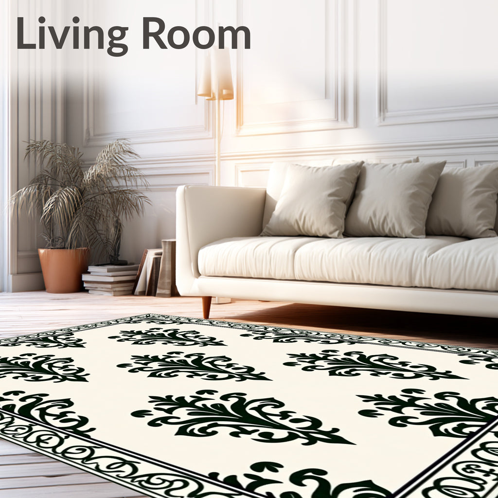 Classic Black Damask Floral Pattern Rug