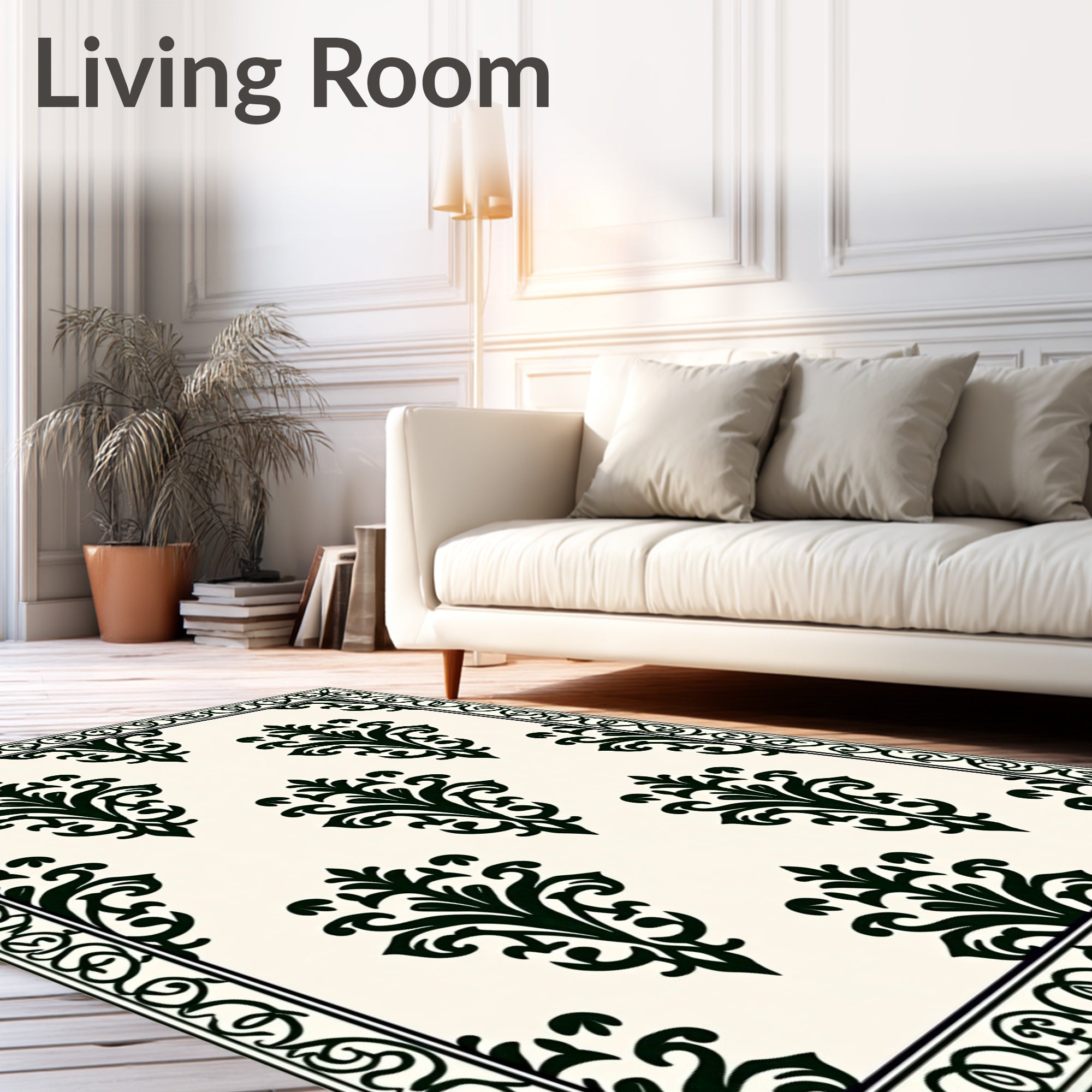 Classic Black Damask Floral Pattern Rug