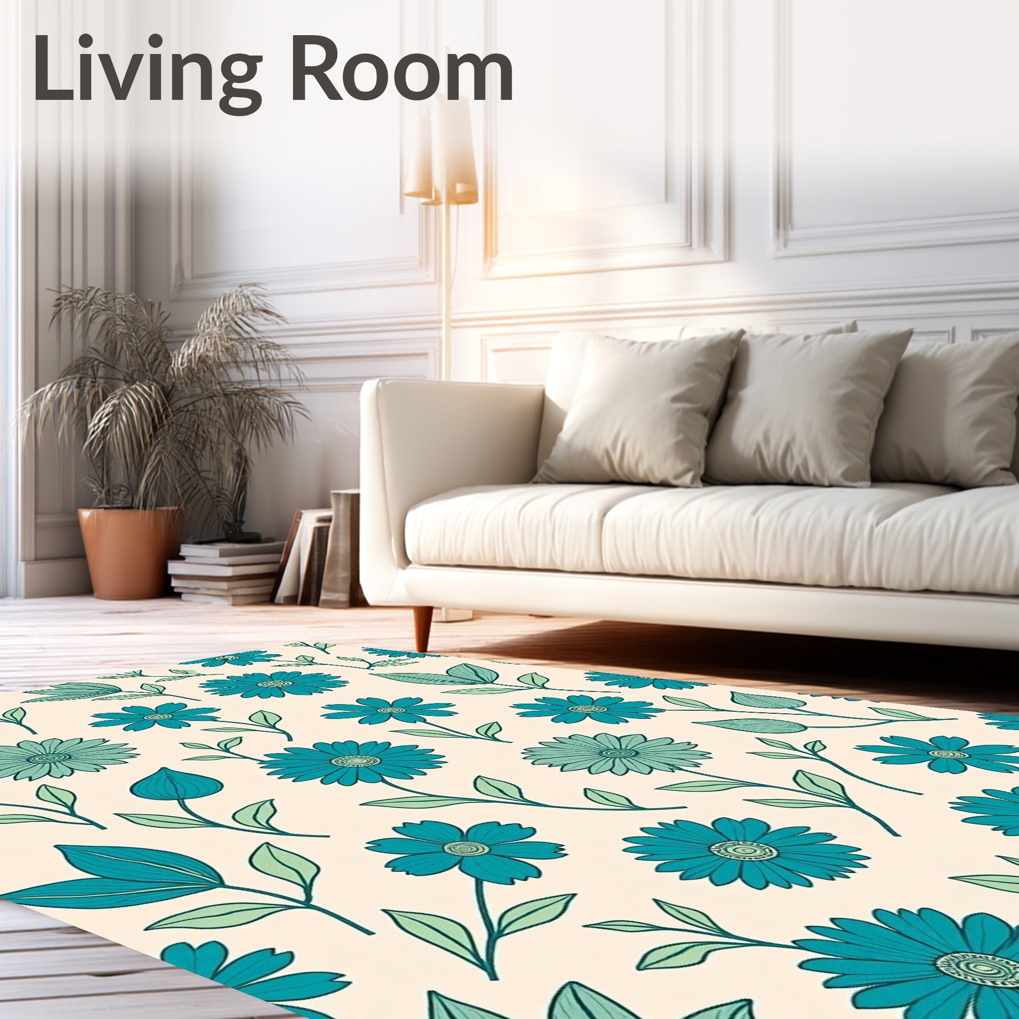 Teal Flower and Leaf Pattern Rug