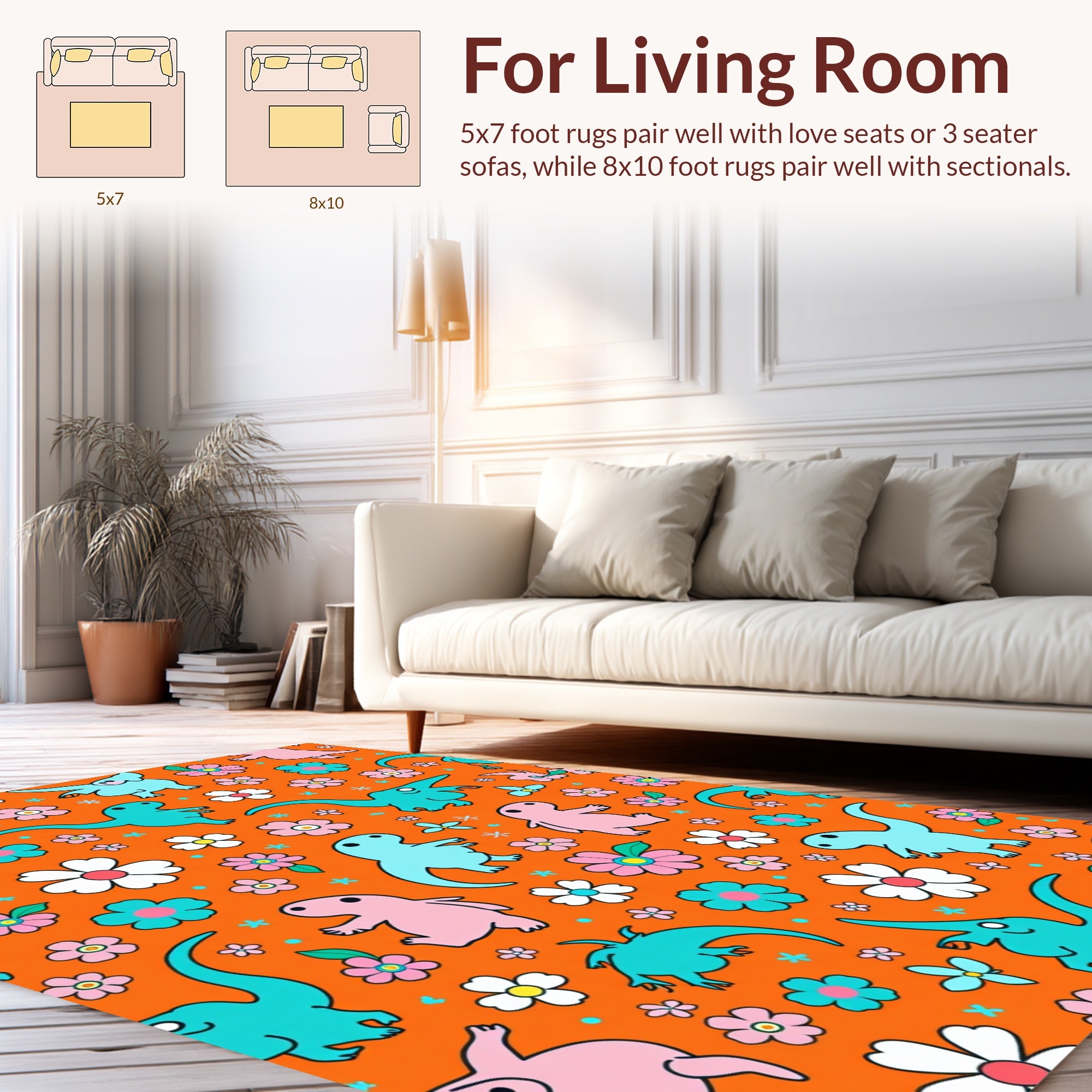 Cute Dinosaur Flower Pattern Rug