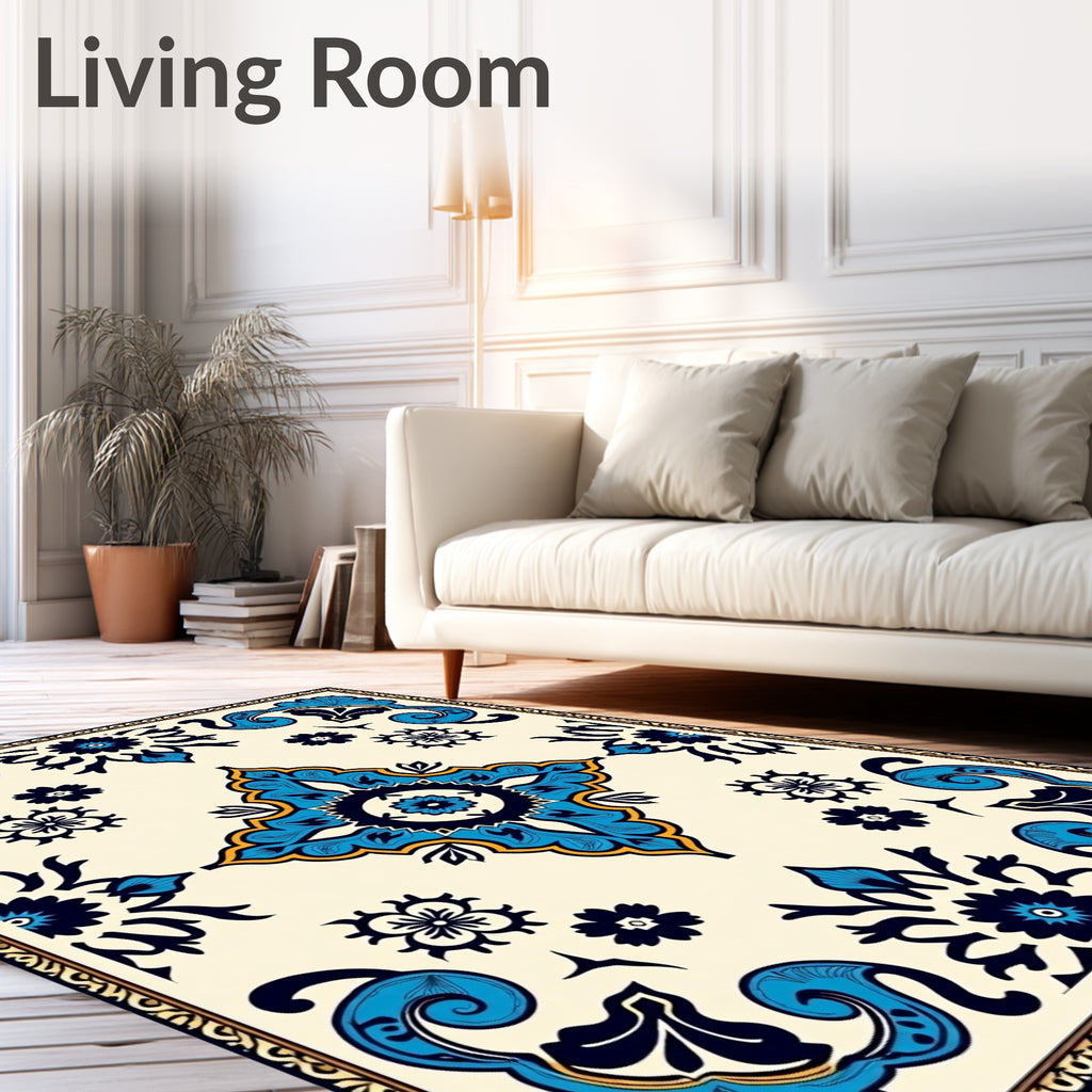 Ornate Blue Gold Floral Scrollwork Pattern Rug