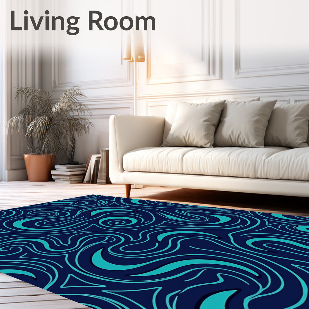 Teal Swirling Waves Navy Rug