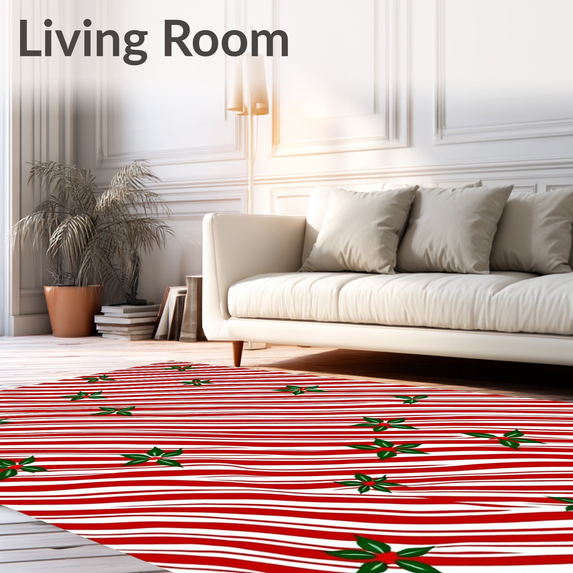Red White Striped Holly Pattern Rug