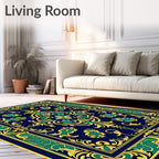 Deep Blue Golden Emerald Floral Medallion Rug