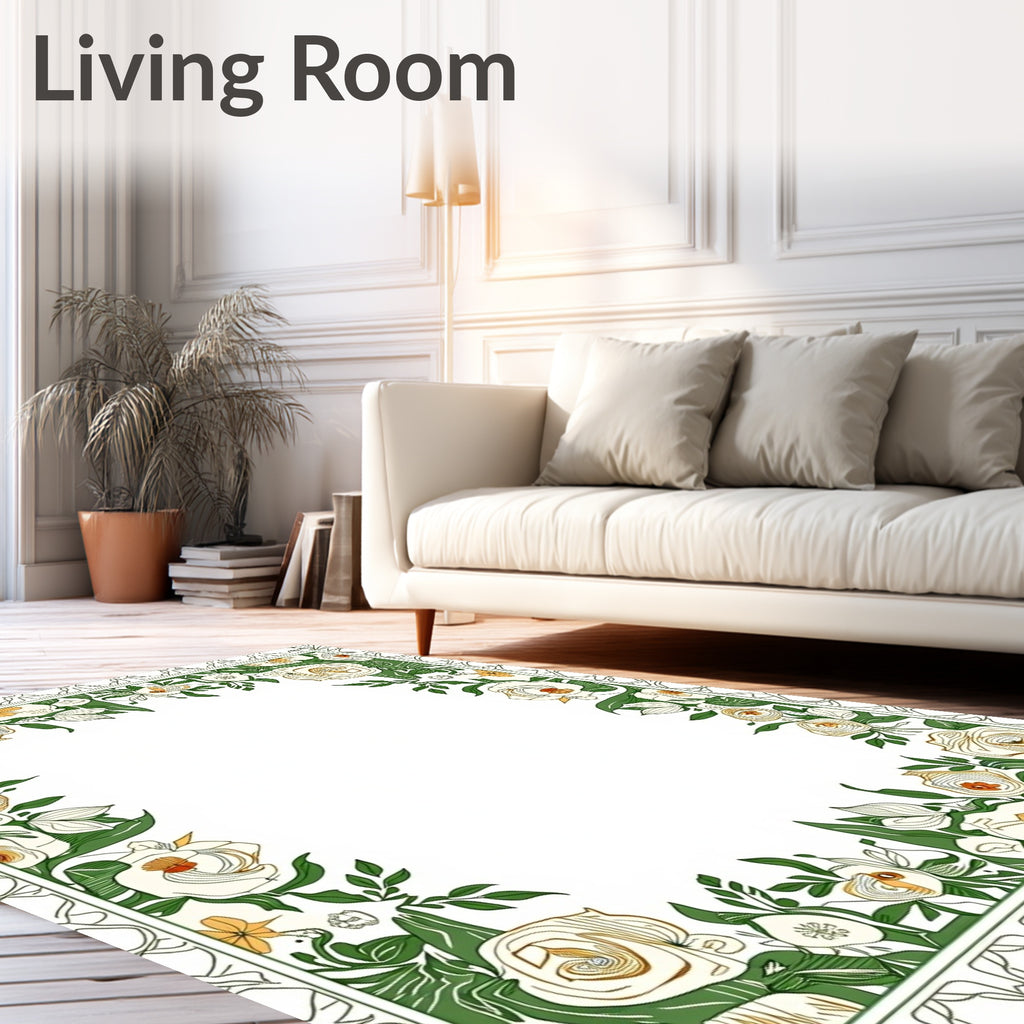 Elegant Floral Border With Cream Green Blooms Rug