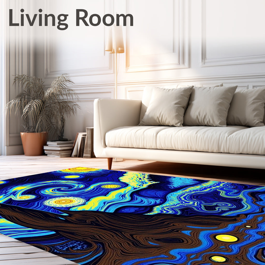 Vibrant Blue Yellow Swirl Night Sky Rug