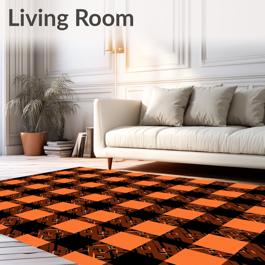 Checked Orange Black Abstract Print Rug