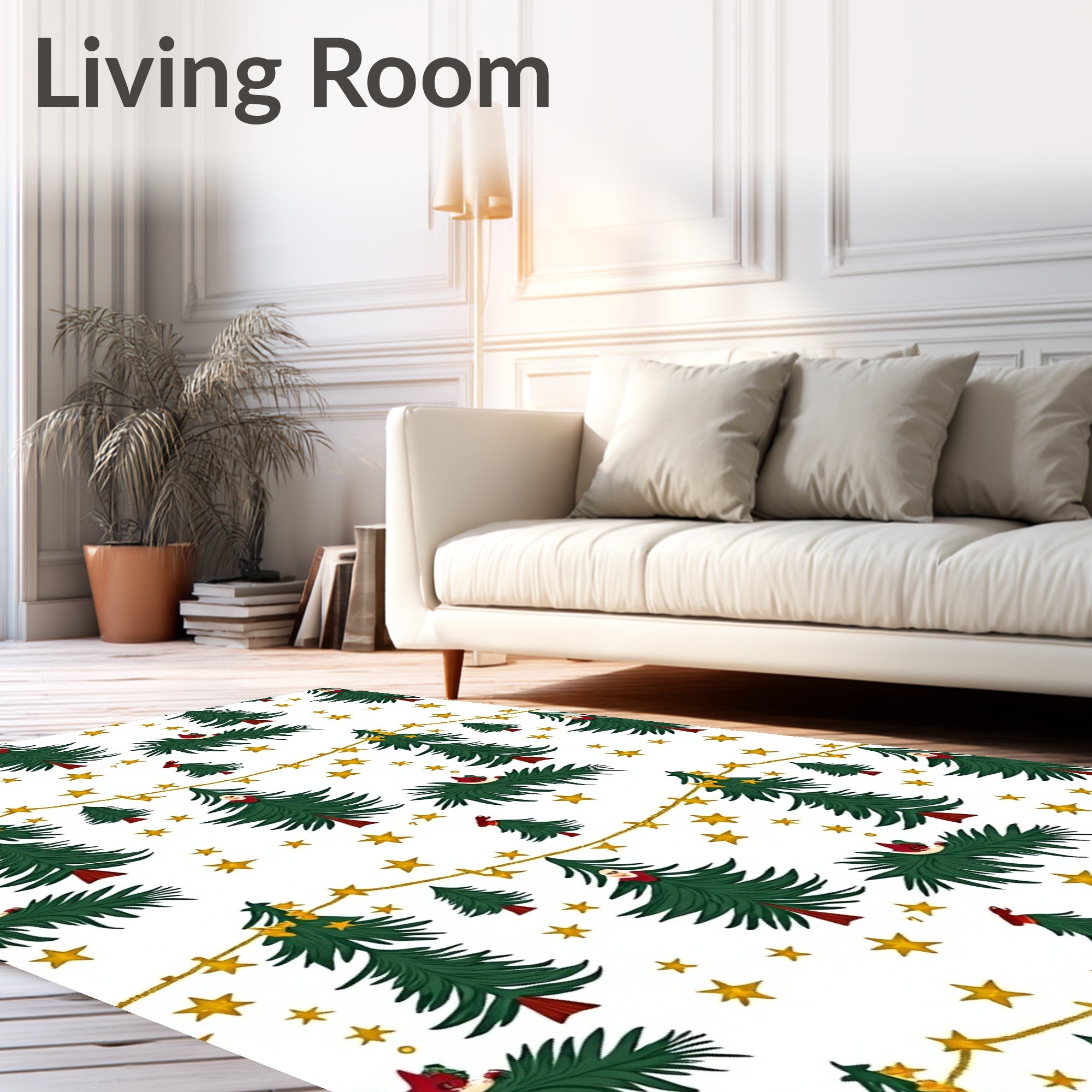 Festive Green Christmas Trees Gold Stars Rug