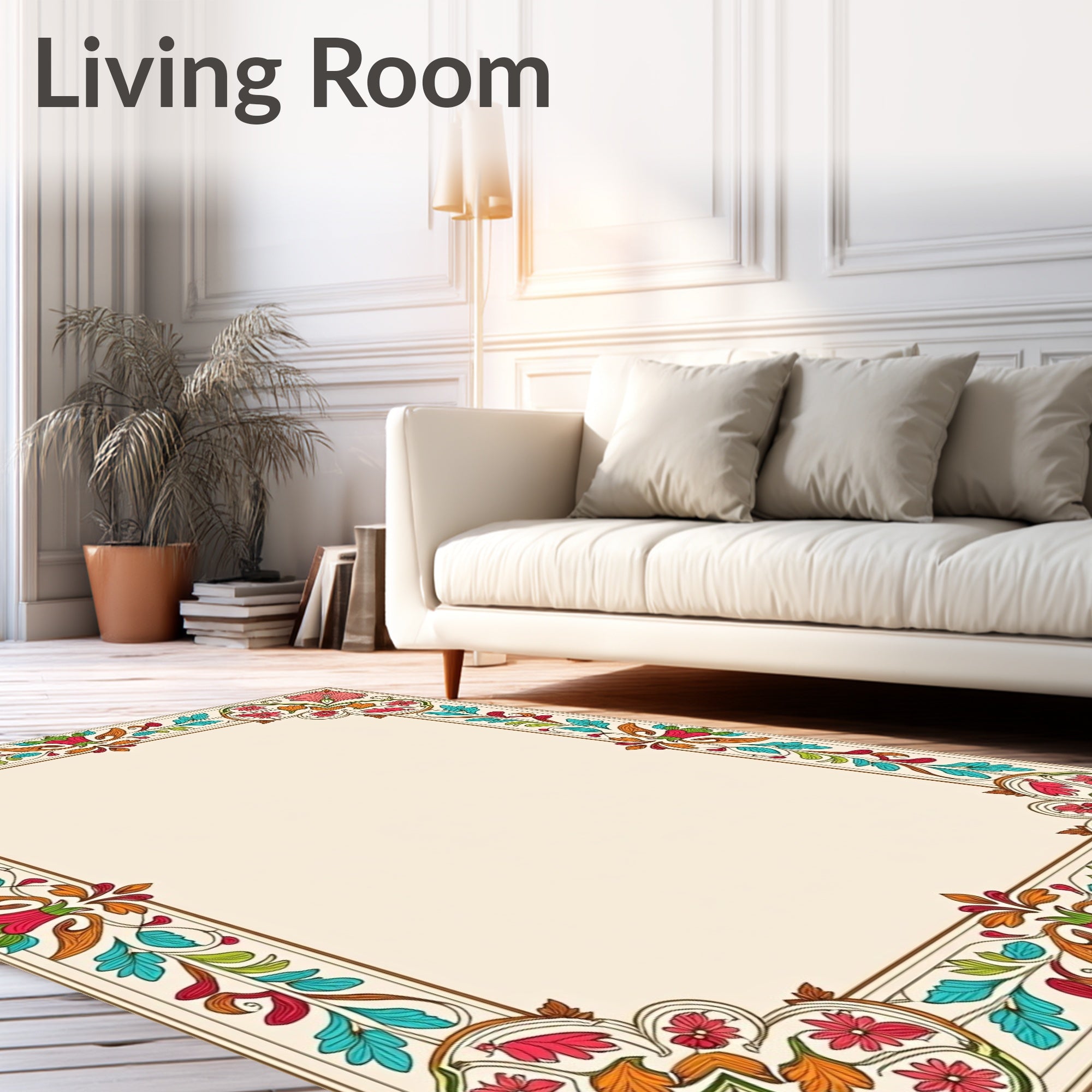 Vibrant Floral Scrollwork Border Design Rug