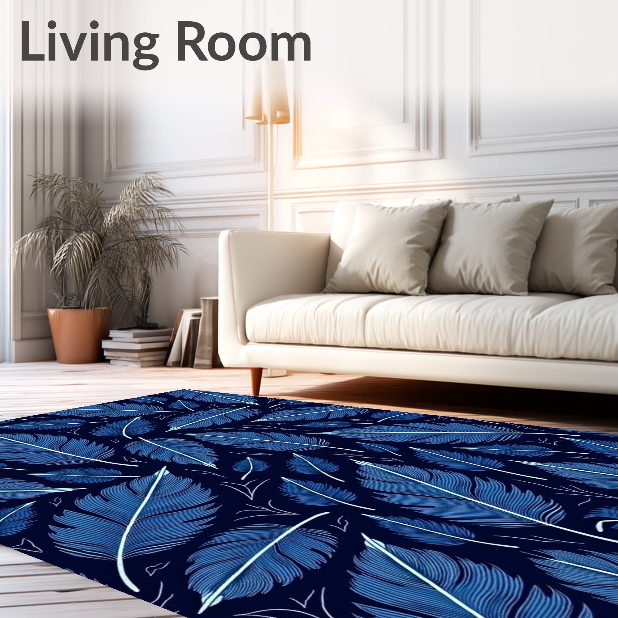 Navy Blue Feather Pattern Design Rug