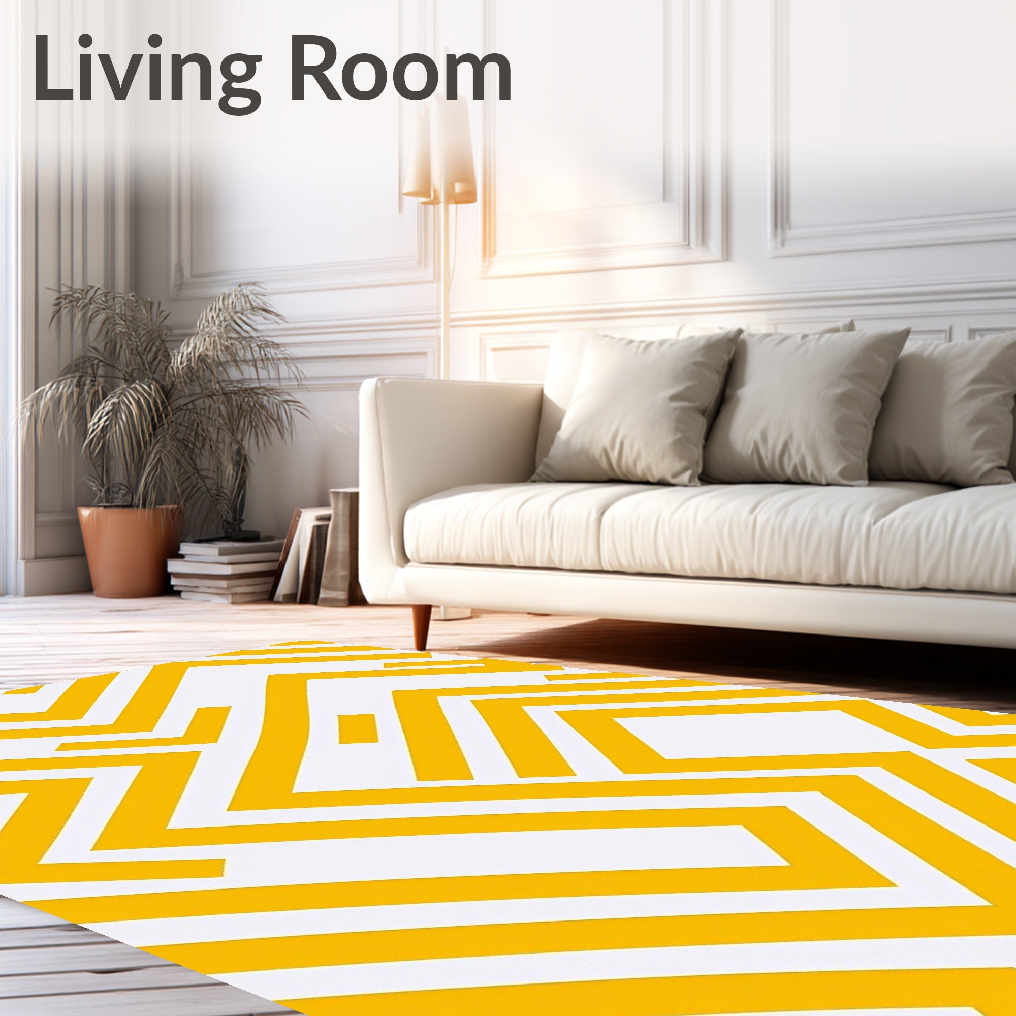 Yellow White Geometric Maze Pattern Rug