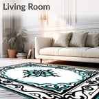 Ornate Black Turquoise Scrollwork Design Rug