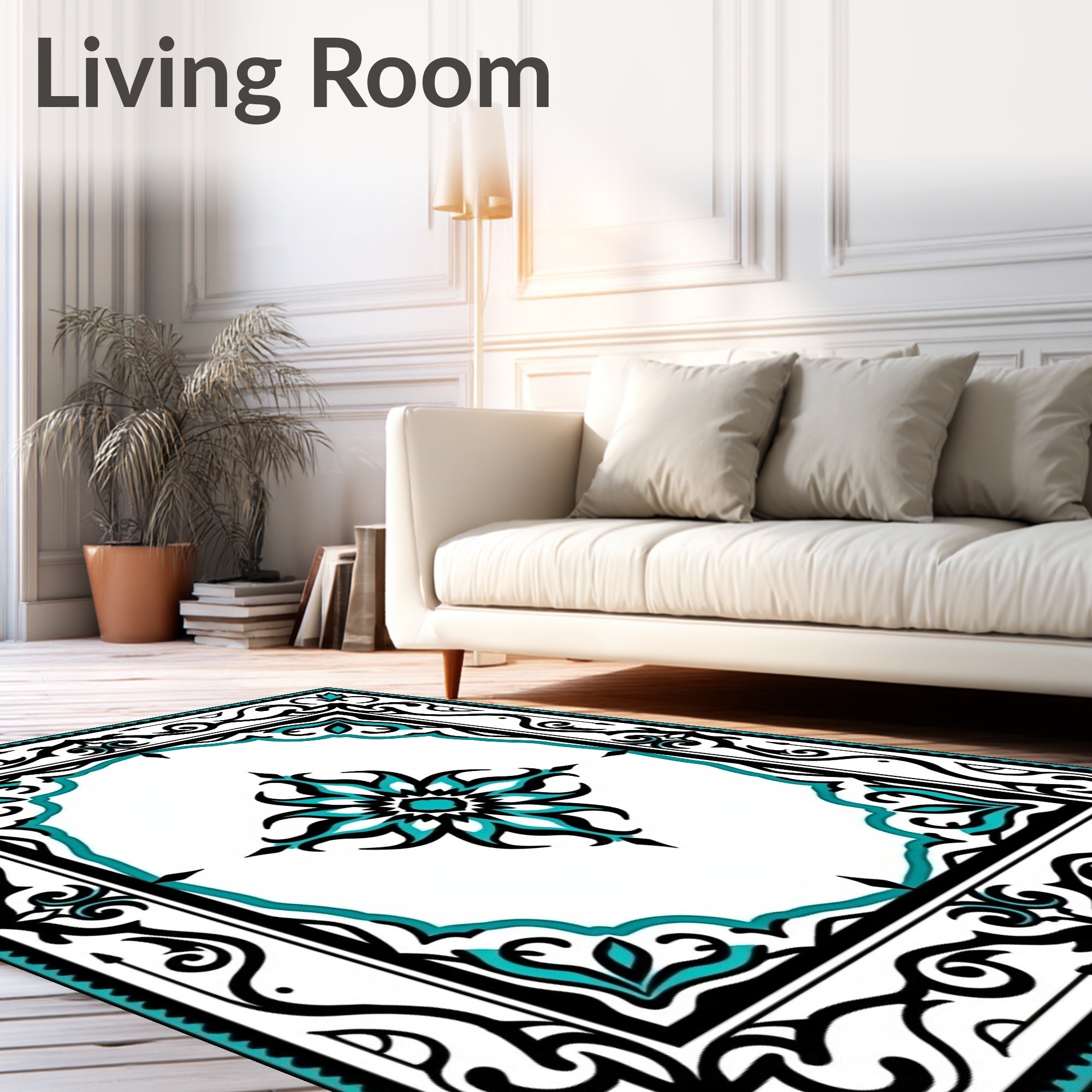 Ornate Black Turquoise Scrollwork Design Rug