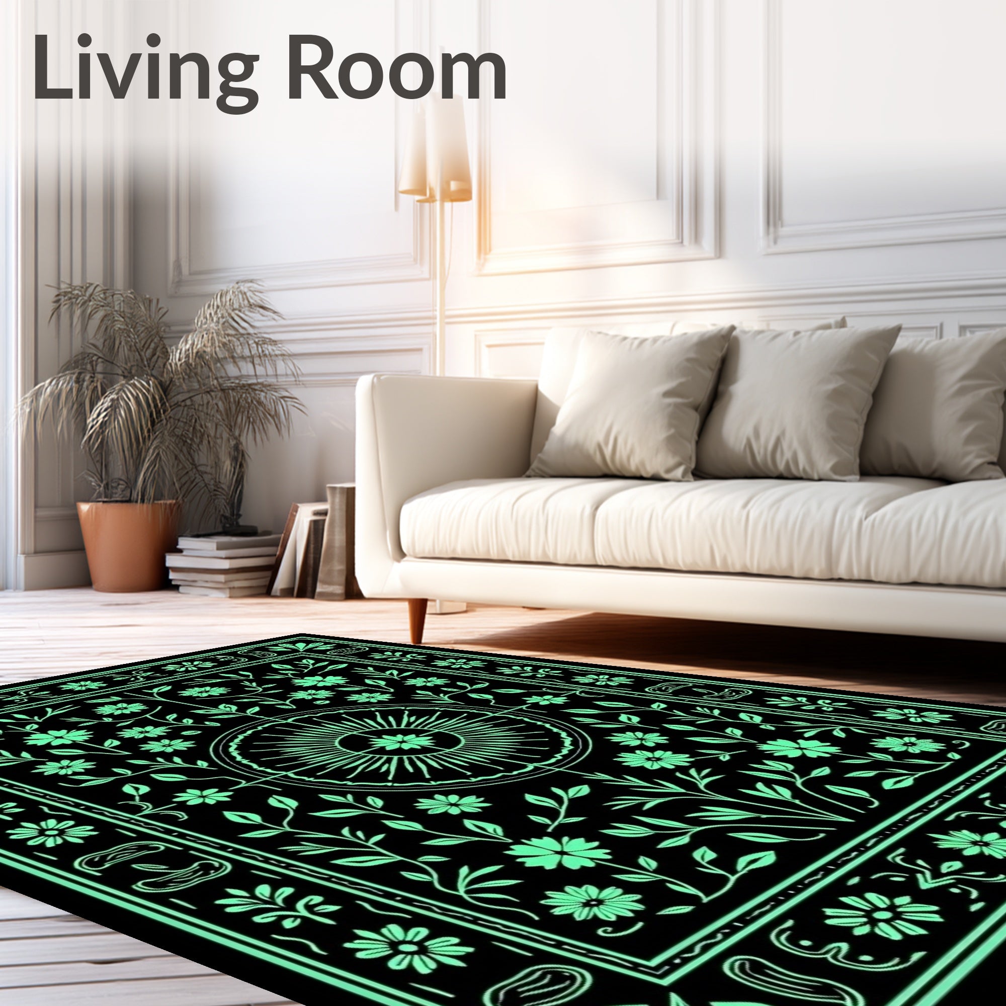 Mint Green Floral Vines Mandala Rug