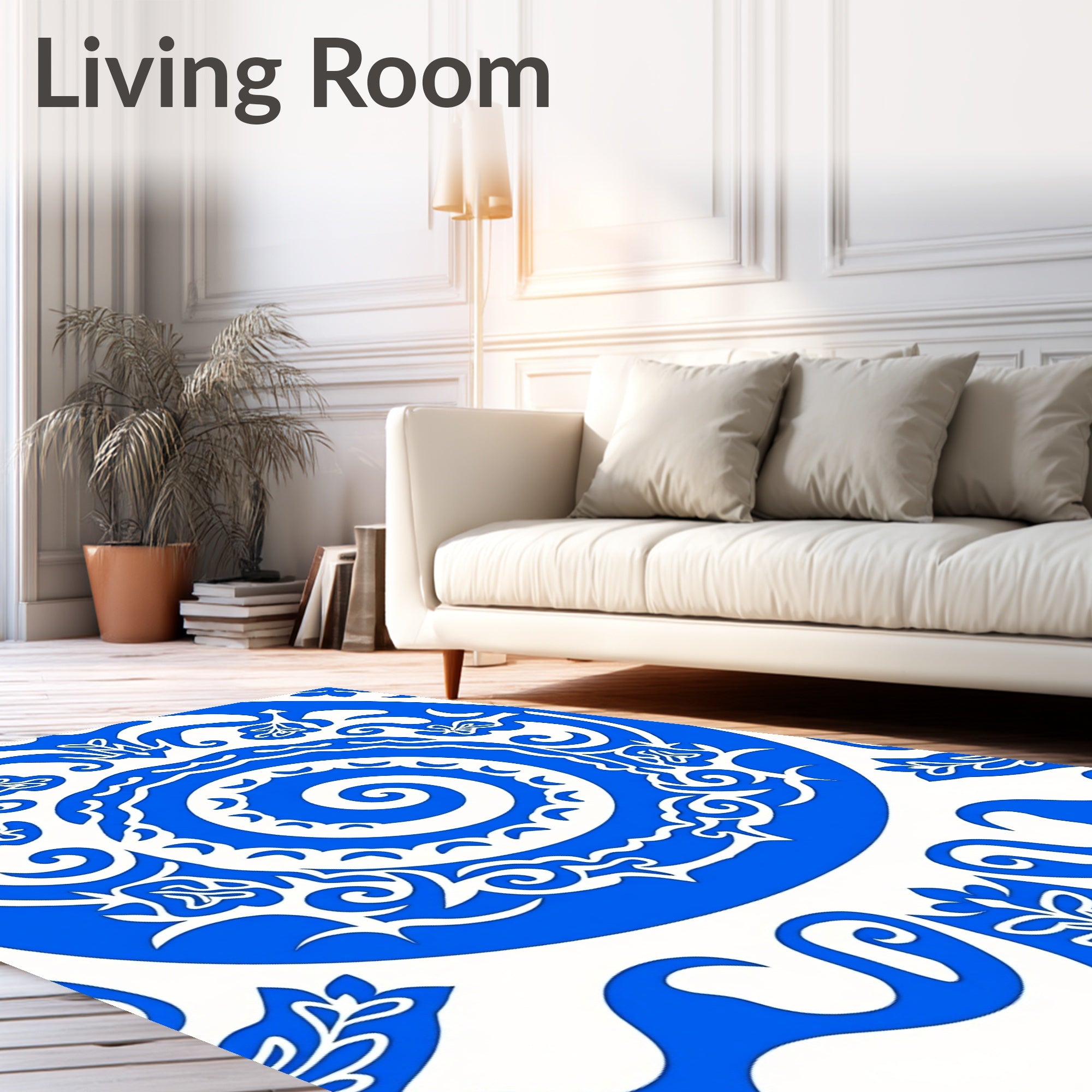 Bold Blue And White Scroll Pattern Rug
