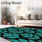 Teal Leafy Branch Black Background Rug