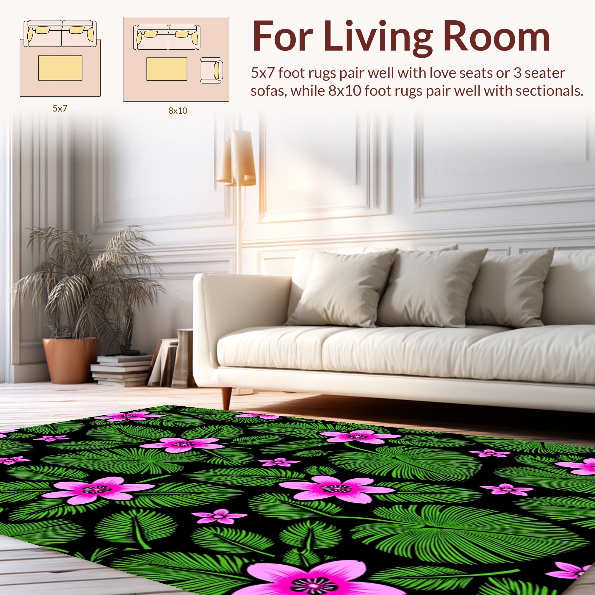 Vibrant Pink Floral Green Leaf Pattern Rug