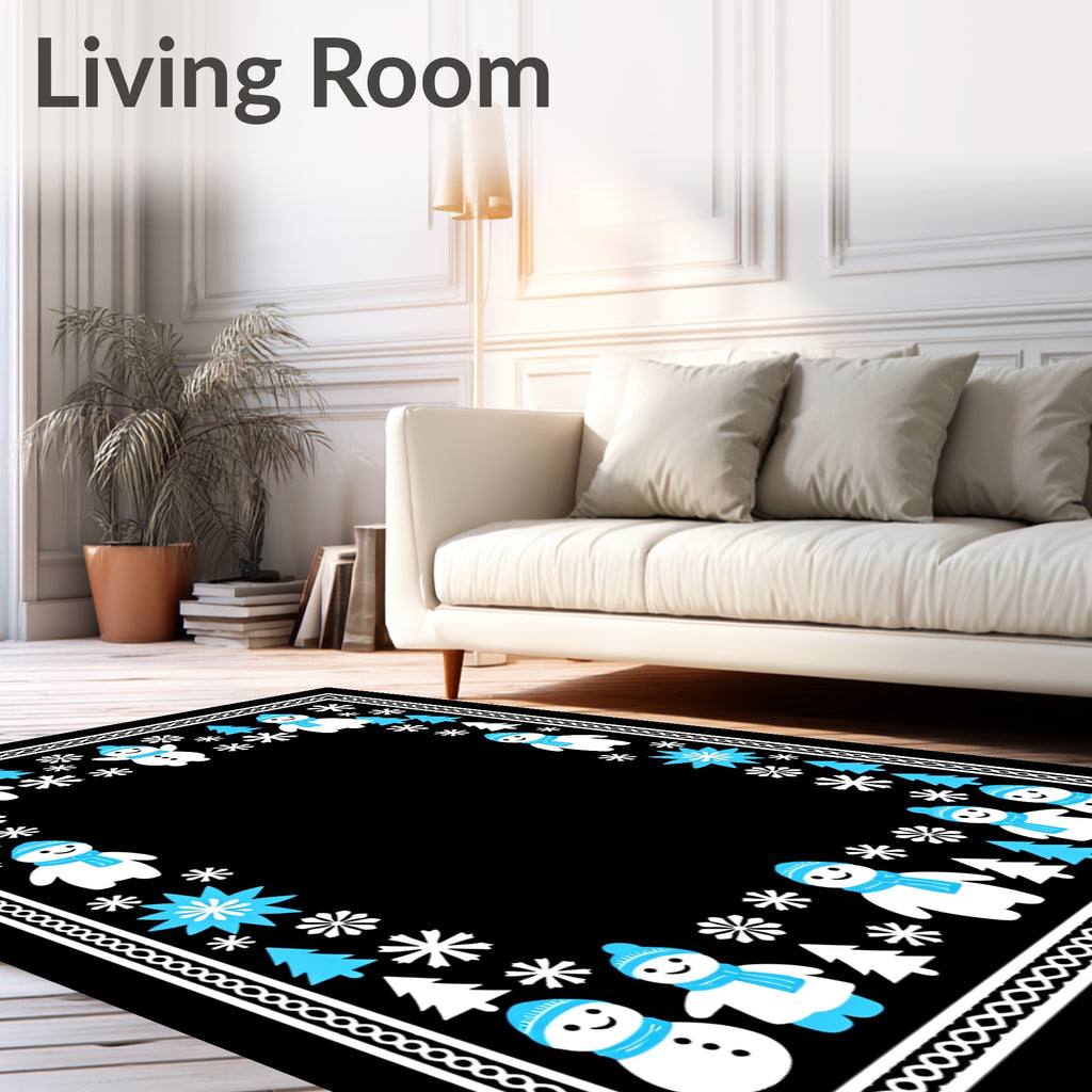 Whimsical Blue Snowman Winter Scene Rug