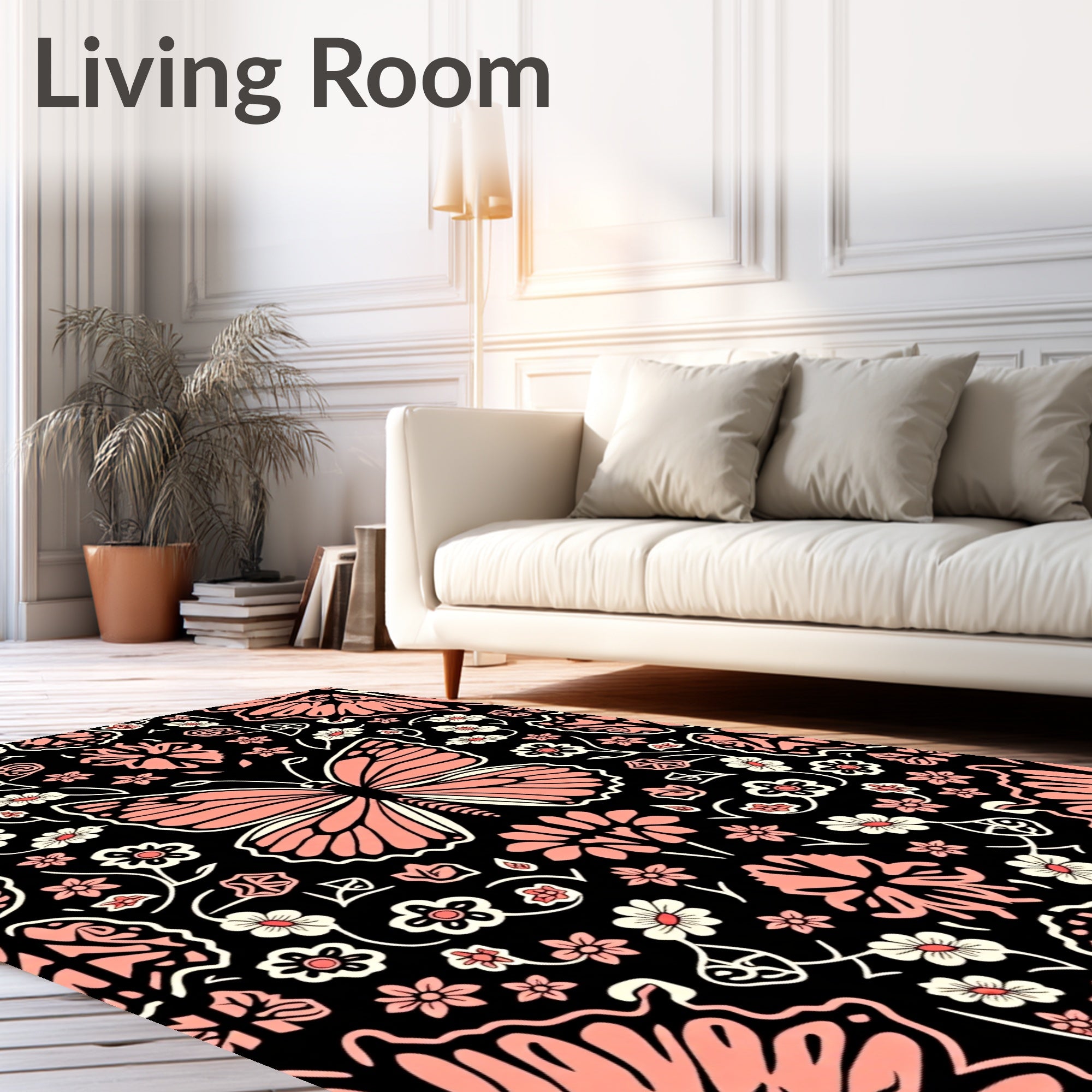 Pink Butterfly and Floral Pattern Rug