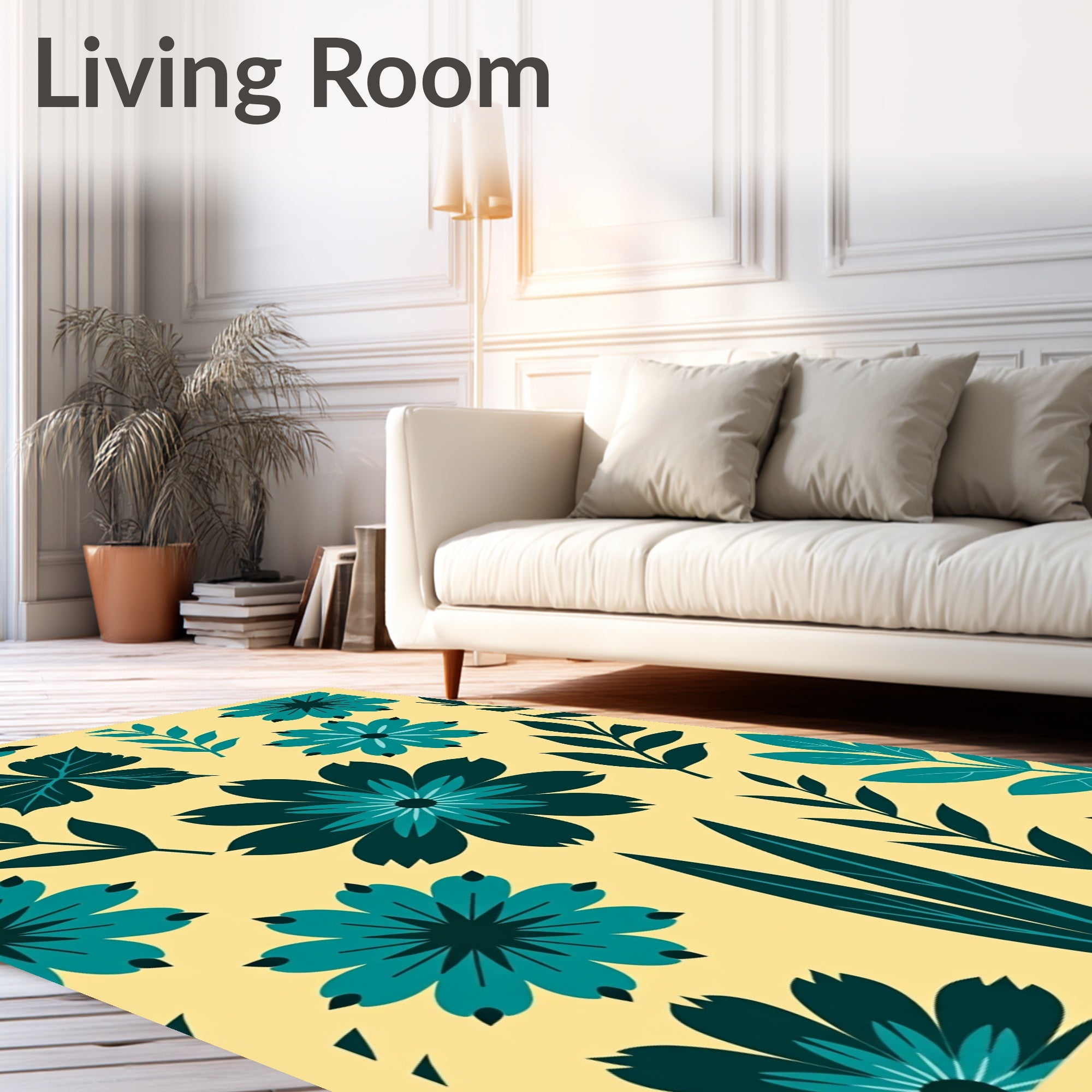 Teal And Yellow Floral Pattern Rug