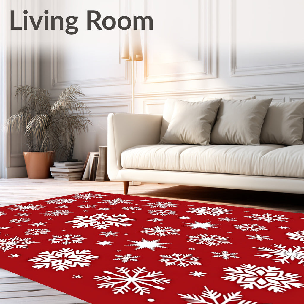 White Snowflakes Patterned Red Rug